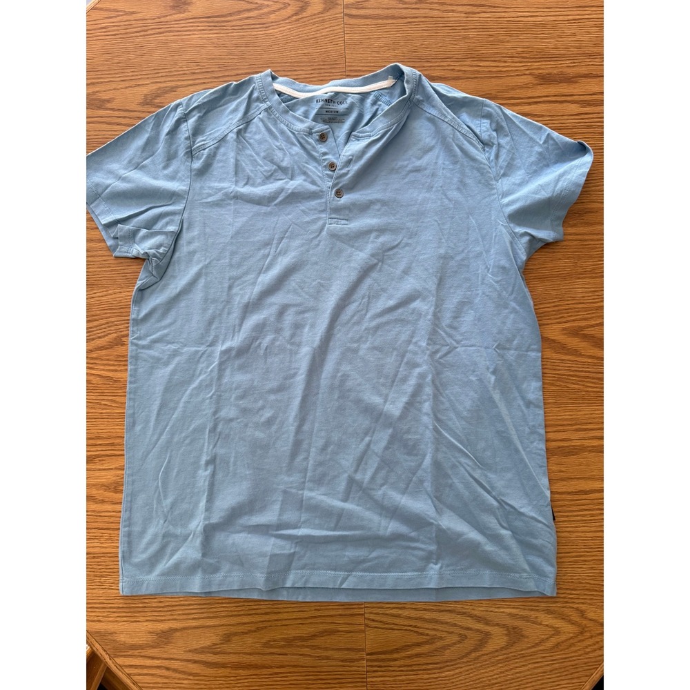 Kenneth Cole New York Mens Henley Shirt Light Stone Blue Short Sleeve Medium